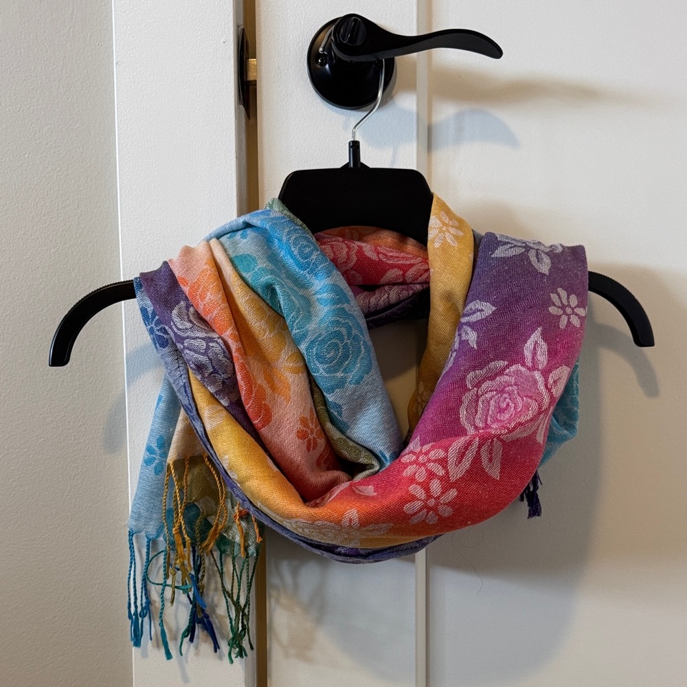 3/$15 multi coloured fringed scarf